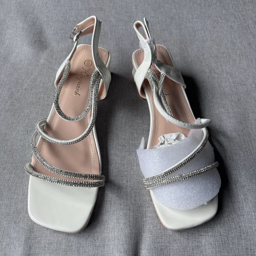 White Rhinestone Sparkly 2 Inch Chunky Heel Sandals Square Toe